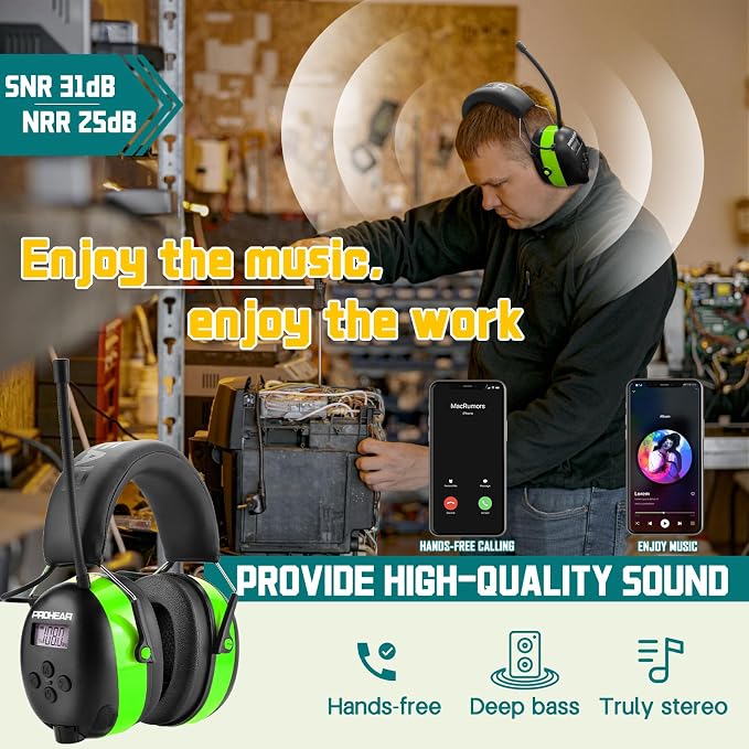 PROHEAR 033 2Pack Bluetooth 5.4 Hearing Protection AM FM Radio Headphones, Upgraded Noise Reduction Safety Earmuffs with Rechargeable 1500 mAH Battery, Ear Protector for Mowing Lawn Work, 2Green - Image 3
