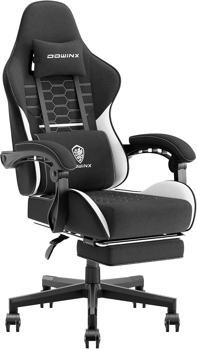 Dowinx Gaming Chair Fabric with Pocket Spring Cushion, Massage Game Chair Cloth with Headrest, Ergonomic Computer Chair with Footrest 290LBS, Black White by Dowinx