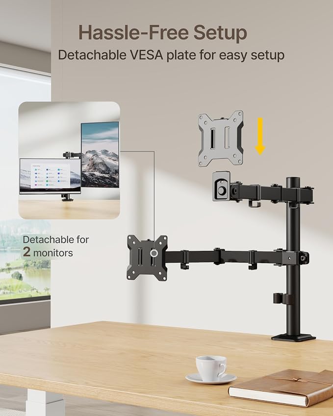 monTEK Dual Monitor Stand for 17-32" Screens, 22 lbs Each | Dual-screen desk mount, height adjustment, tilt, swivel, rotation, clamp/grommet bases and VESA 75/100 - Image 6