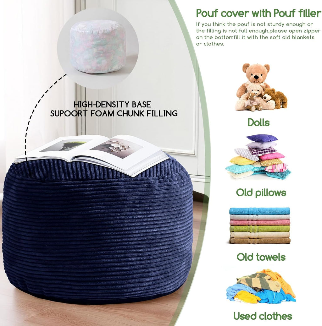 HIGOGOGO Round Stuffed Pouf Ottoman, Corduroy Poufs with Foam Chunk Filling, Furry and Fluffy Pouf Foot Stool Storage Ottoman, 26 X 18 Floor Poufs Foot Rest for Living Room, Navy - Image 5