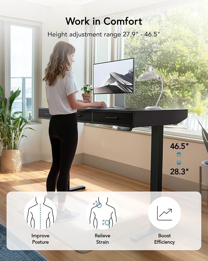 HUANUO Electric Standing Desk with Drawers, C-Clamp Mount Compatible, 48 x 24 Inch Height Adjustable Sit Stand Desk, Fabric Drawers, Home Office Stand Up Desk with 4 Custom Height Settings, Black - Image 8