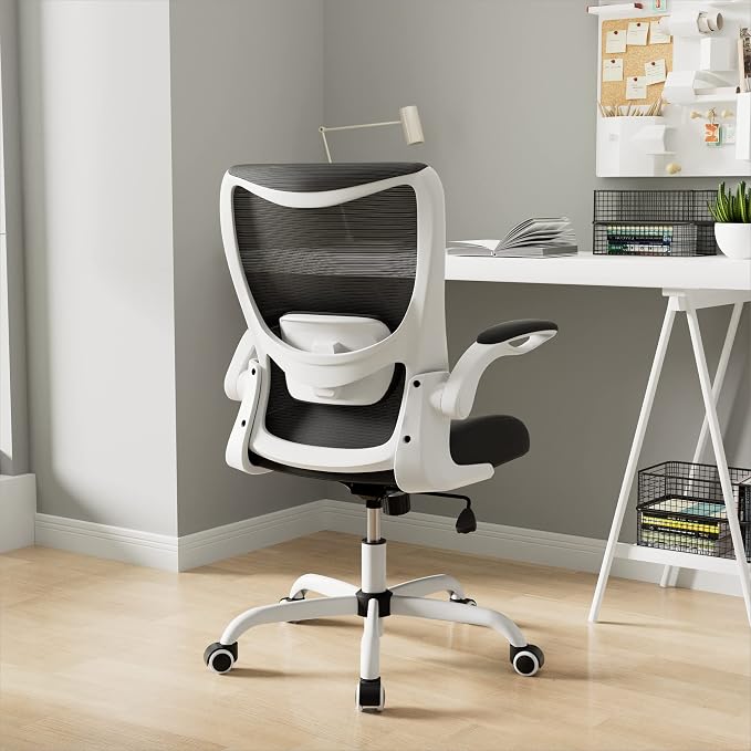 Office Chair, Ergonomic Desk Chair with Adjustable Lumbar Support and Flip up Armrest, Breathable Mesh Computer Chair for Home Office, White - Image 8