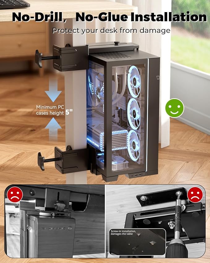 JOY worker Under Desk PC Mount for Standing Desk, Clamp-On Leg CPU Holder | No Drilling, Clamp-On Desk Leg, Black Adjustable Computer Tower Mount Holds Up to 44lbs, Under Desk PC Holder, Space Saving - Image 3