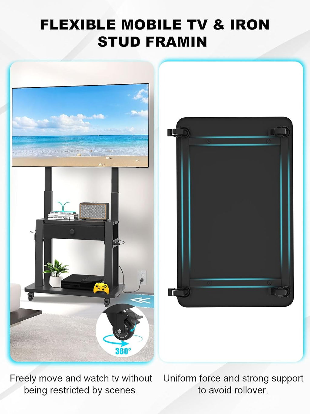 Rolling TV Stand with Power Outlet and Fabric Drawer for 32-75 Inch Flat/Curved Screen up to 220lbs LCD/LED/OLED Adjustable Height Mobile TV Cart with Wheels for Home Office Max VESA 600x400mm Black - Image 3
