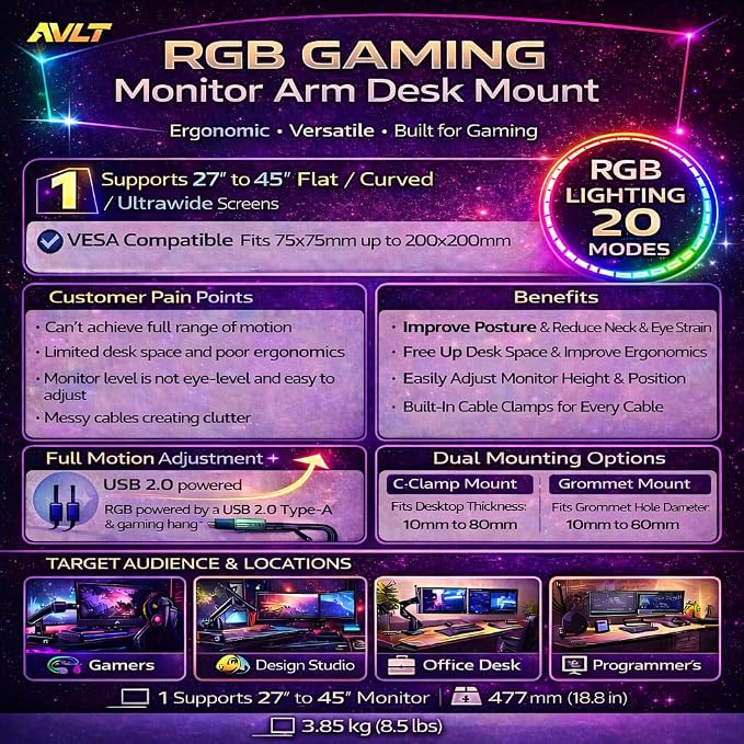 AVLT Single 27”-45” RGB Gaming Monitor Arm Desk Mount - Dark Gray | 20 Lighting Modes Touch Button Control Fits Flat/Curved/Ultrawide Screens Height Swivel Tilt Rotation Adjustable Stand - Image 9