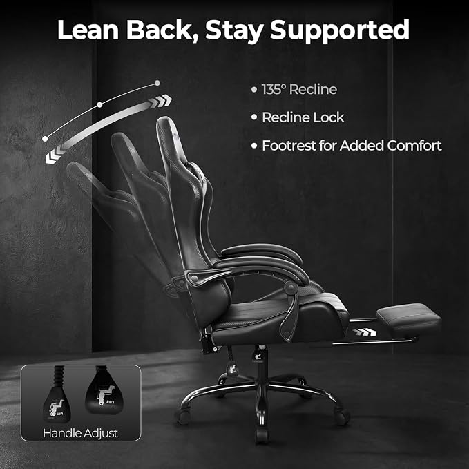 N-GEN GAMING Gaming Chair with Footrest, Lumbar Support, High-Back, Black | Reclining Backrest, Linkage Armrests, Durable PU Leather, Adjustable Comfort for Extended Computer, Desk, or Home Office Use - Image 6
