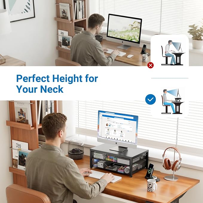 Desk Organizer and Accessories, 2-Tier Computer Monitor Stand Riser with 2 Drawer and 2 Pen Holders, Laptop Stand, Office Desk Accessories for Office Supplies, Black - Image 3