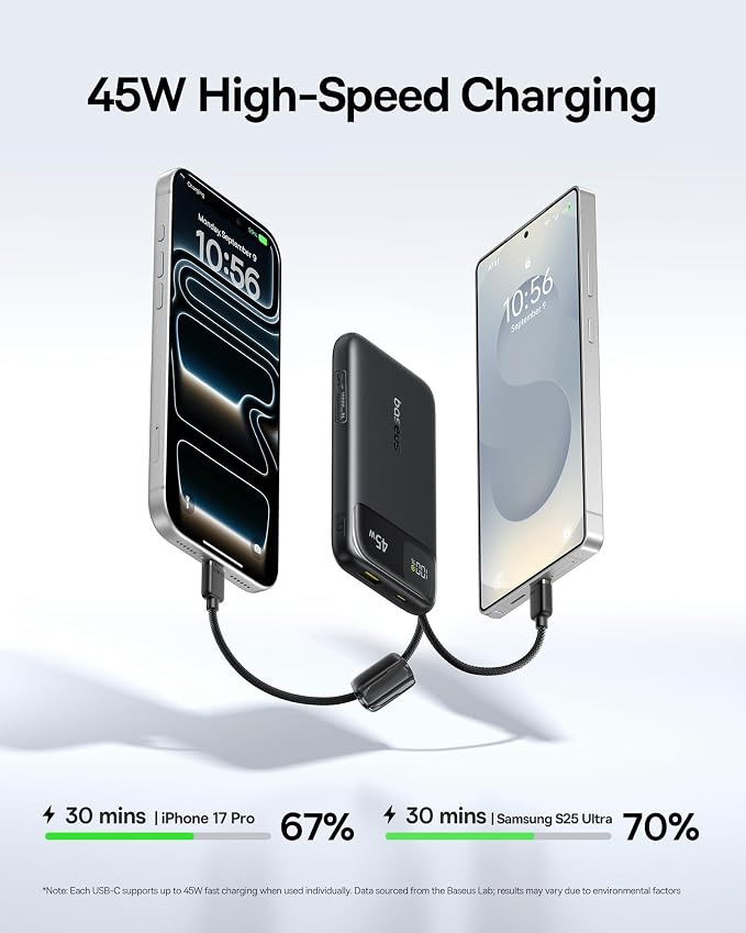 Baseus 45W Ultra Slim 10000mAh Power Bank Built-in USB-C Cables, CCC Certified Portable Charger, Travel Essential Fast Charging Pocket Size Phone Battery Pack for iPhone 17 16 Samsung S25 S24 iPad - Image 3