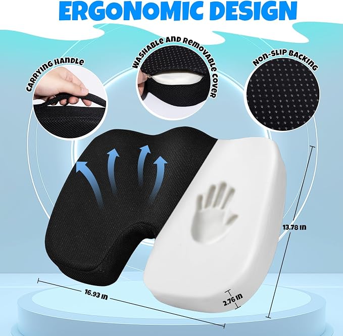 Ergonomic Seat Cushion with Memory Foam for Office Chair, Car Seat, Sciatica & Tailbone Relief, Non-Slip Cushion,Breathable Mesh Cover, Portable Handle - Black - Image 2