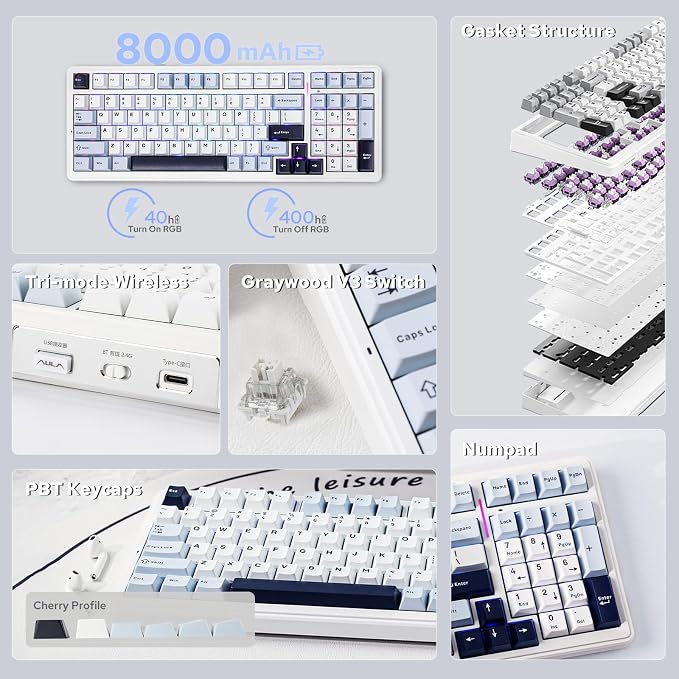 EPOMAKER x Aula F99 Wireless Mechanical Keyboard, Hot Swappable Gasket | Custom Gaming Keyboard with Five-Layer Padding, BT/2.4GHz/USB-C, 8000mAh Battery (White Blue, Graywood V3 Switch) - Image 2