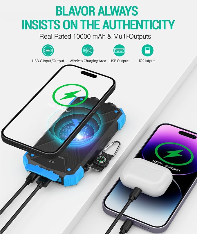 BLAVOR Solar Power Bank 10,000mAh, Portable Wireless Charger, 20W Fast Charging External Battery Pack with USB C for Cell Phones, Solar Panel Charging with Dual Flashlight for Camping - Image 5