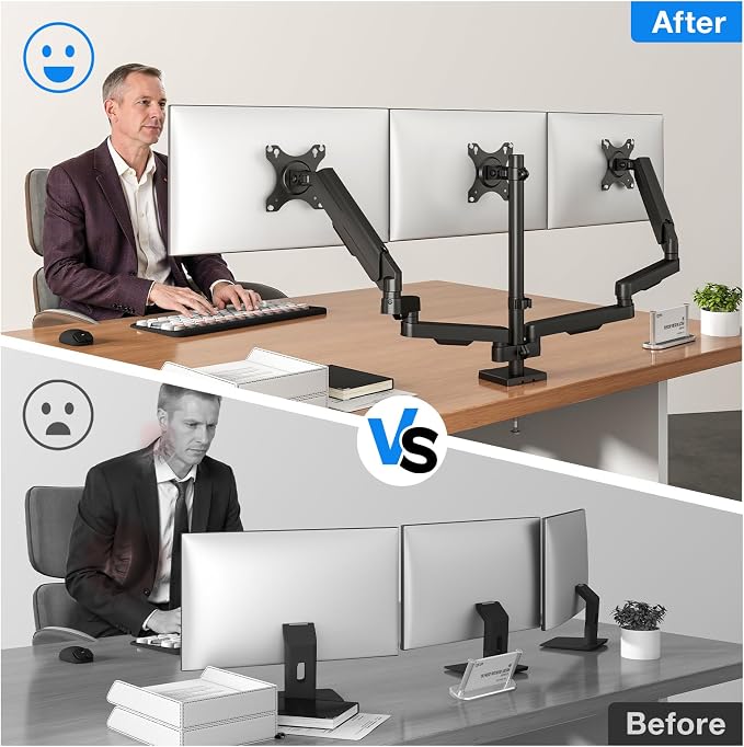 Rfiver Triple Monitor Arm Desk Mount for 17-32" Screens, VESA 75/100mm | Holds up to 19.8lbs per Arm, Full Motion Tilt, Swivel, 360 Rotation, Extra Tall Pole, C-clamp/Grommet Base - Image 9