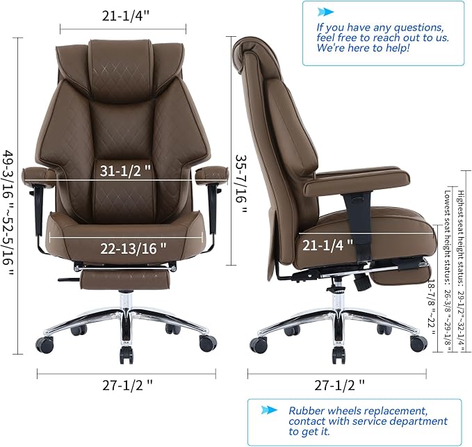 EXCEBET Big and Tall Office Chair with Footrest, PU Leather High Back Executive Office Chair 400lbs, Ergonomic Computer Chairs Lumbar Support for Heavy People (Brown) - Image 2