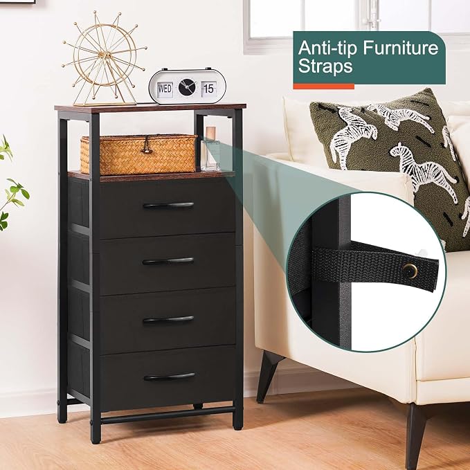 Yoobure Night Stand - LED Nightstand with Charging Station, Tall Nightstand for Bedroom, Bedside Table with 4 Fabric Storage Drawers and Storage Shelf, End Table with USB Ports and Outlets - Image 8