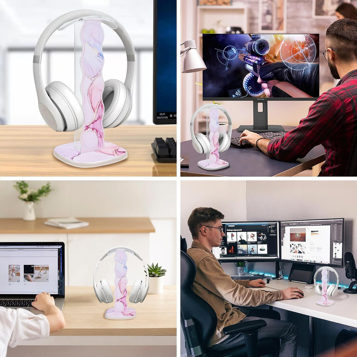 CamyCosy Headphone Stand Gaming Headset Holder for Desk,Luxury Pink Marble Pattern Earphone & Cellphone Stand Desk Accessories for All Headphones Size - Image 6