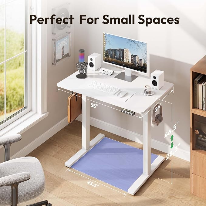 35 x 24 Inch Height Adjustable Standing Desk, 3 Presets, White | 35 x 24 in Desktop, 28.3–46.5 in Height, 2+3 Controls, ≤45 dB, 154 lb Capacity, 2 Hooks - Image 6