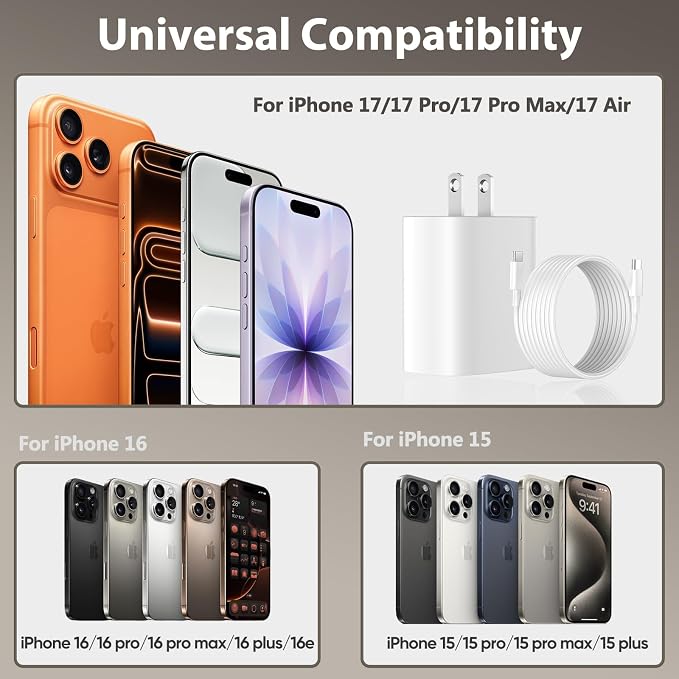 Phone 17 16 15 Charger Fast Charging, 6.6 FT Long USB C Charger Cord with 20W Type C Fast Phone Charging Block forPhone 17/17 Pro/17 Pro max/Air/Phone 16 15 Pro Max Plus, iPad, Android,White - Image 6