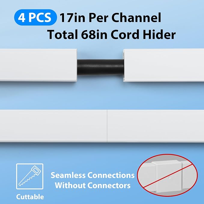 ZhiYo 68" Cord Hider for 1 Cable, Small Black Wire Covers, 0.6" W x 0.4" H | Fits Up to 1 Thick Extension Cord, Premium Paintable Cable Management Raceway for Wall & Corner, Easy Install - Image 5