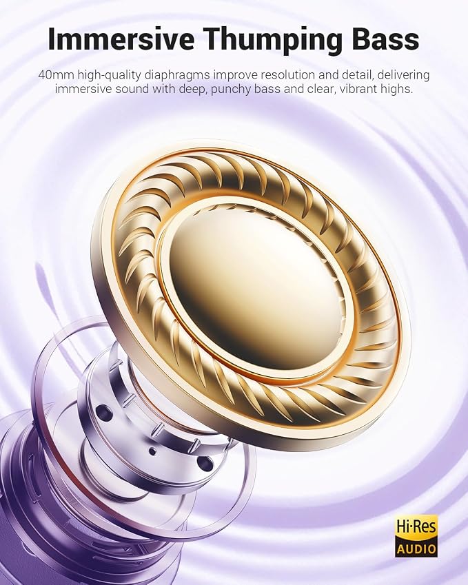 Wentronic Y01 Wireless Noise Canceling Headphones Bluetooth 5.3 Over Ear Headphones with Microphone, Hi-Res Audio, 48H Playtime, Foldable Comfortable Earpads,Compatible with iOS,Android,PC, Purple - Image 5