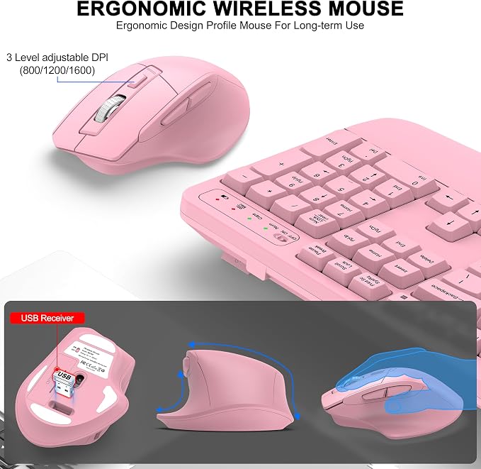 Wireless Keyboard and Mouse Combo, 2.4G Full Size Wave Keys Ergonomic Keyboard with Wrist Rest and 3-Level DPI Adjustable Wireless Ergonomic Mouse for Windows, Mac OS Desktop/Laptop/PC(Pink) - Image 4