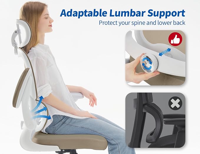 TRALT Ergonomic Office Chair Desk Chair with Adjustable Lumbar Support | Home Office Desk Chairs with Flip-up Armrests & 3D Headrest - Mesh Gaming Chairs for Adults, 330lbs, PU Leather (Khaki, 1) - Image 6