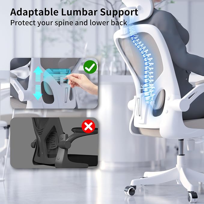 Monhey Office Chair Ergonomic Desk Chair with Lumbar Support&Headrest&Flip-up Arms Height Adjustable Rocking Swivel Computer Chair Multi-Angle from 90° to 125° with 350LBS Capacity (02White+Khaki) - Image 3