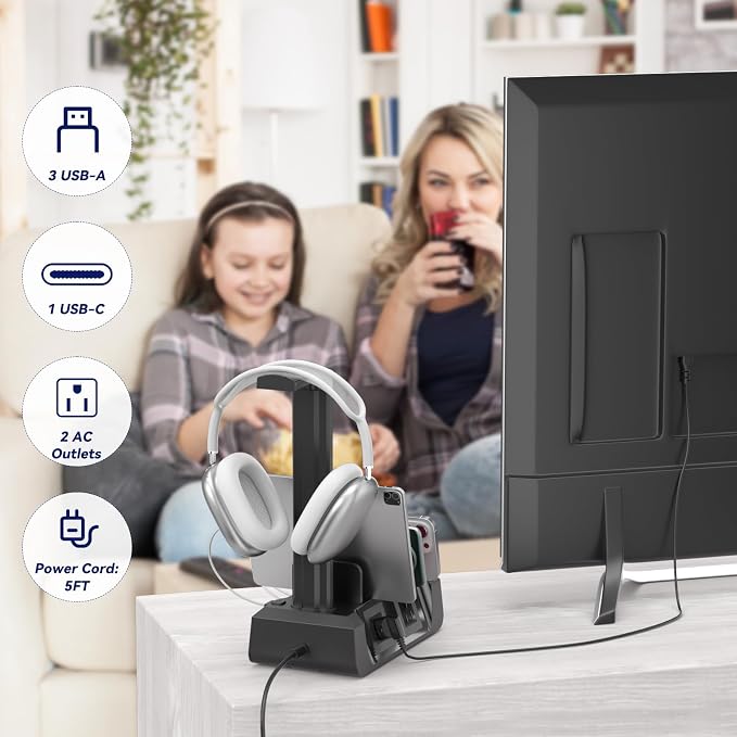 KDD Charging Station with 6 Charging Cables - Fast Charging 6 in 1 Cellphone Charging Dock with Headphone Stand and Watch Holder - 2 AC&USB A&USB C, Storage Station for Smartphone,Tablets, AppleWatch - Image 5