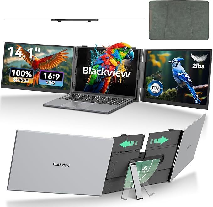 Blackview DCM6 Triple Laptop Screen Extender,14" 1080P FHD IPS Portable External Screen,Two Cable USB C Travel for 13-17'' Laptop,Plug & Play Compatible with Windows/Mac/Chrome OS and Mobile Devices by Blackview