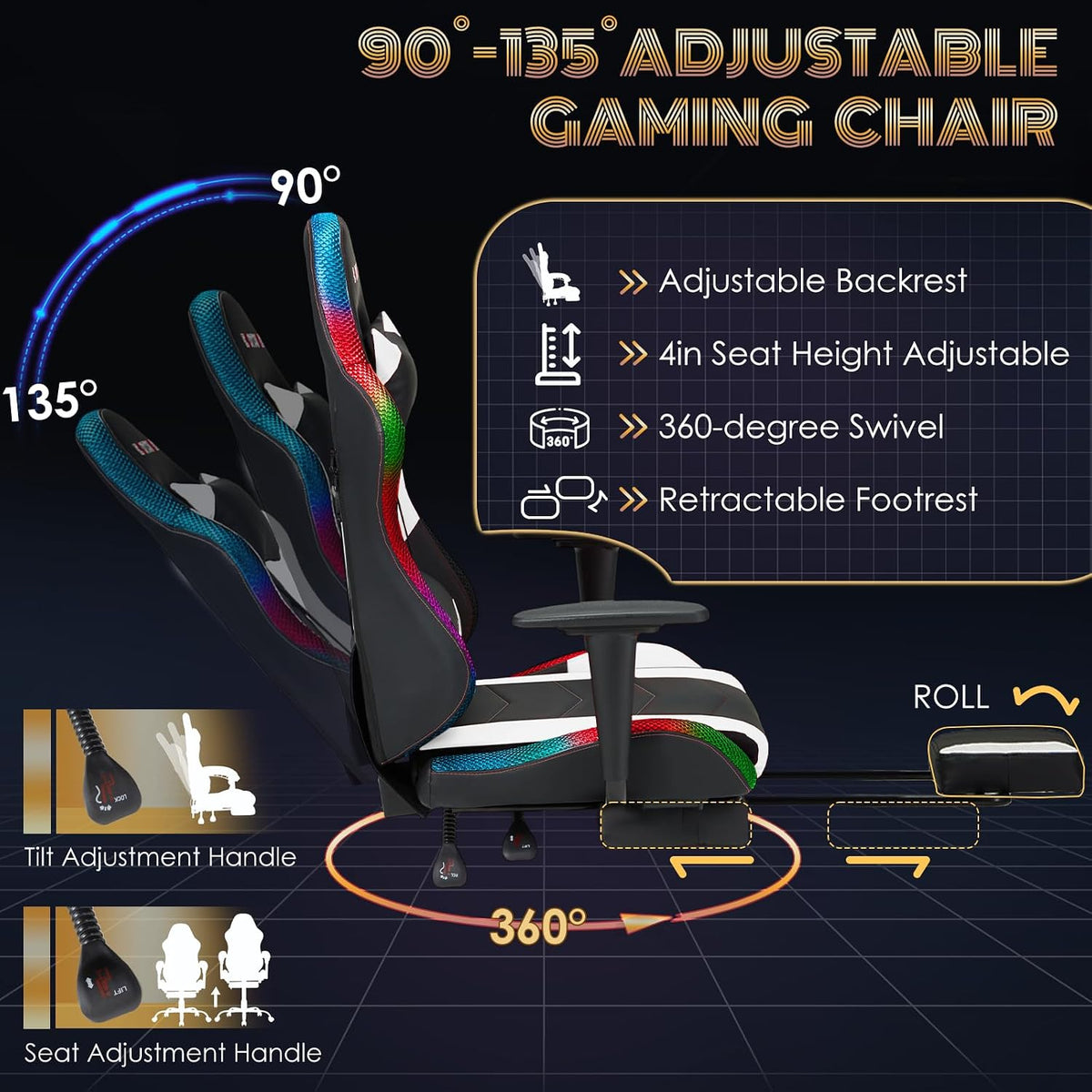 Racing Style RGB LED Lights Gaming Chair with Footrest - Image 5
