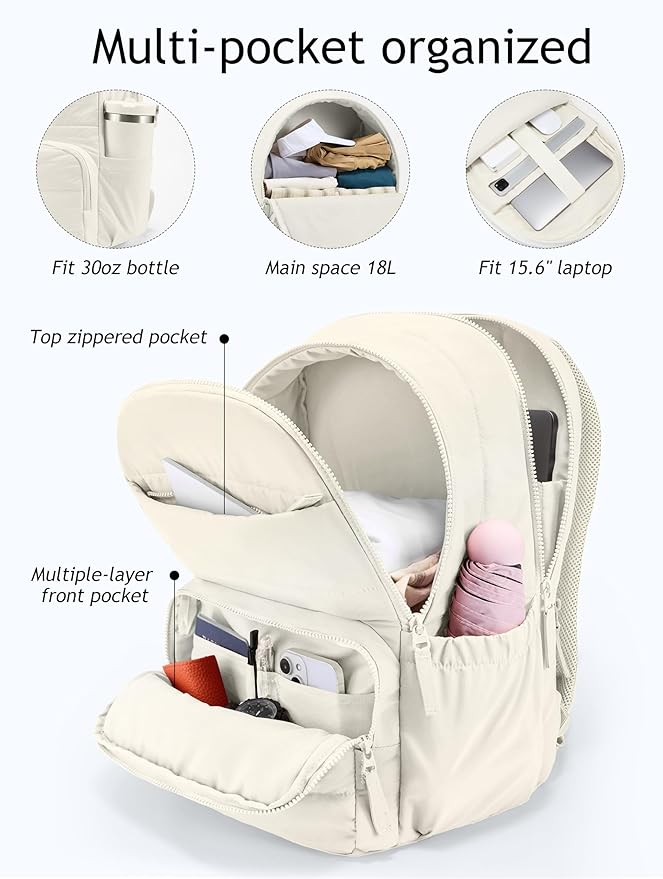 Uselike Travel Backpack for Women, 15.6 Inch Laptop Backpack, Quilted College Bookbag, Cute Work Backpacks, Water Resistant (Beige) - Image 2