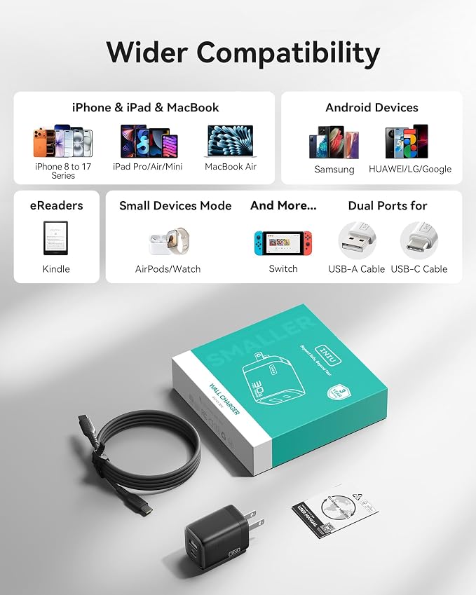 INIU Mini USB C Charger, 30W GaN Fast Charging ETL Certified Wall Adapter Block with Smart Phone Protection, Dual Port with 5ft Type C Cable for iPhone 17 iPad Samsung Google Switch etc [1-Pack Black] - Image 5
