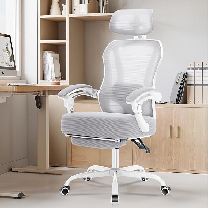 Ergonomic Office Chair with Footrest,Ultra Thick Desk Chair,Grey | 150°Reclining,Mesh High Back,Adjustable 2D Lumbar Support and Headrest,4.8" Spring Cushion,Premium Computer Chair for Adults - Image 8