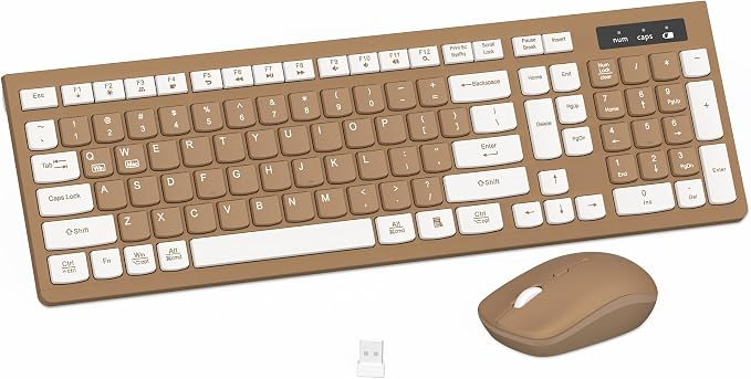 Wireless Keyboard and Mouse Combo Silent for Office and Home(Mocha Color-A) | 2.4G Full Size Silent Cordless Keyboard with Tilt Legs,3-Level DPI Quiet Mouse,for Windows/Mac OS/Desktop/Laptop/PC by RECCAZR