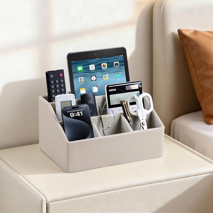 PU Leather Desk Organizer, Remote Control Holder, Dark Beige | Luxury Nightstand Organizer for Home, Office Desk Accessories, Bedside Table Caddy with 5 Compartments, Velvet Lining - Image 3
