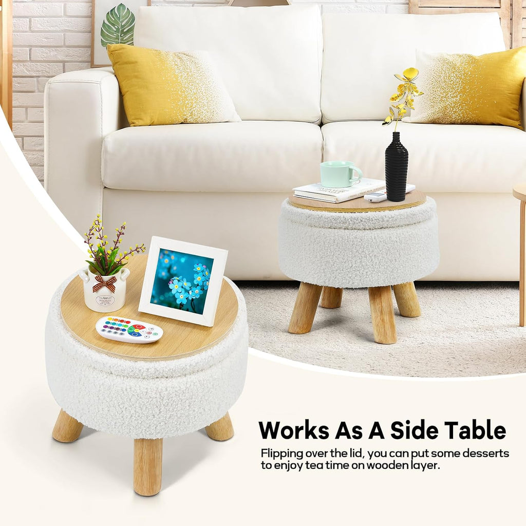 Ottoman Foot Stool, Small Ottoman with Storage,Round Storage Ottoman with Wood Legs, Soft Sponge Storage Footstool for Living Room, Bedroom, Couch, Enterway (Cream) - Image 6