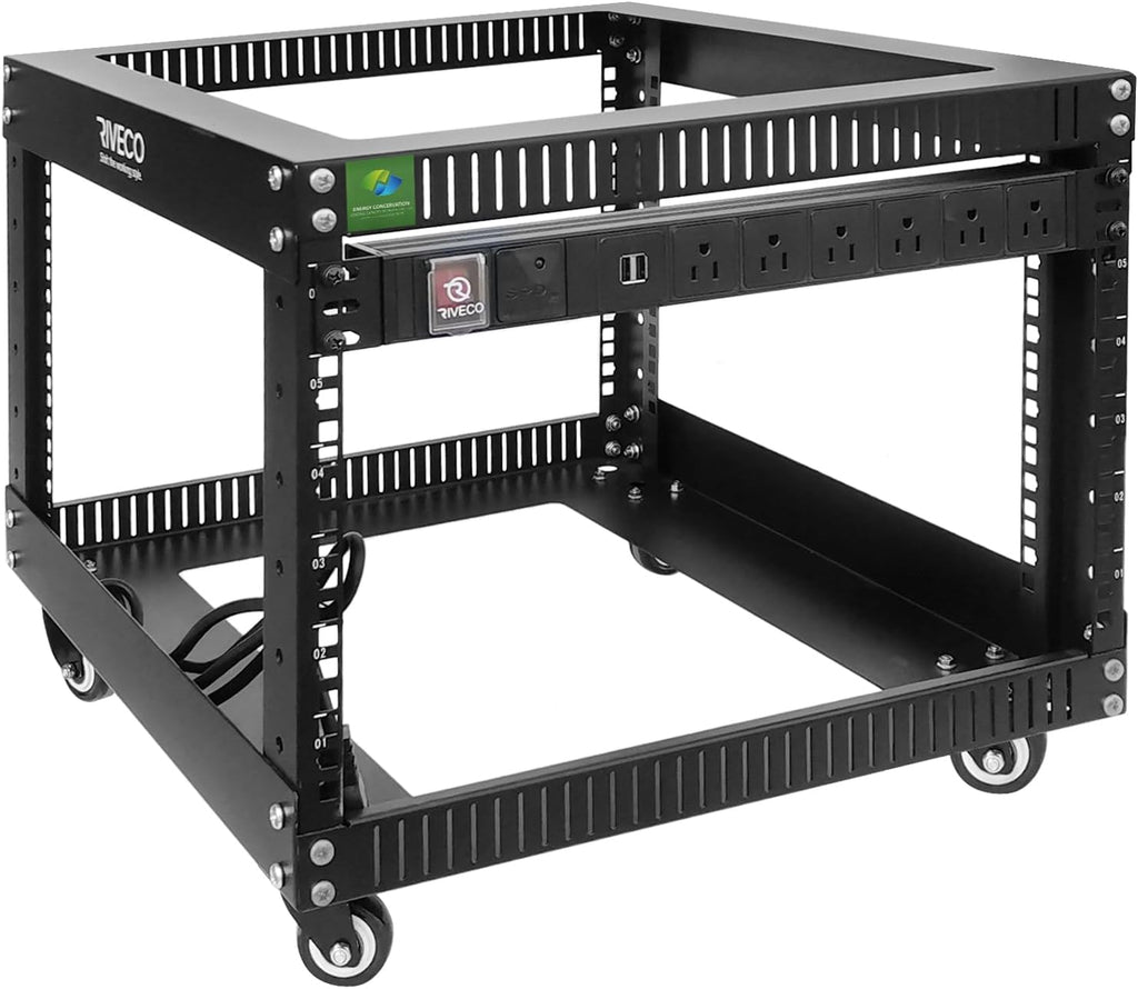6U Server Rack with Wheels Open Frame Networking Rack+ PDU 8 Outlets Set Black by RIVECO