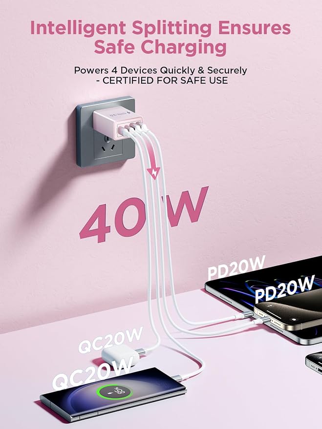 [2-Pack] USB C Charger Block, 4 in 1 USB C Wall Charger PD 3.0 40W Charging Blocks, QC 2A USB Wall Charger for iPhone 17 16 15 14 13 12 Pro Max, iPad, iPod - Image 2