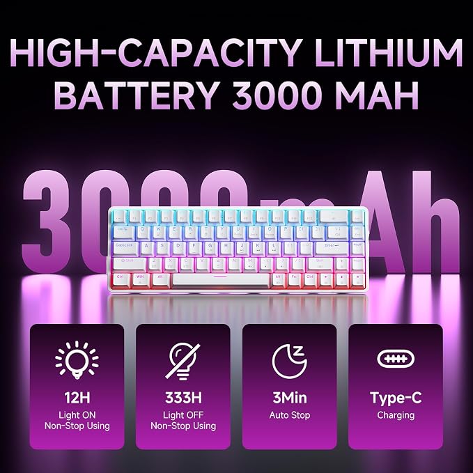 DIERYA DK68 60% Wireless Mechanical Gaming Keyboard, 3-Mode, Bluetooth 5.0/2.4G/USB-C, RGB Backlit, 68-Key Compact Mini for Windows, Mac, Linux - Clicky Blue Switch - White - Image 5