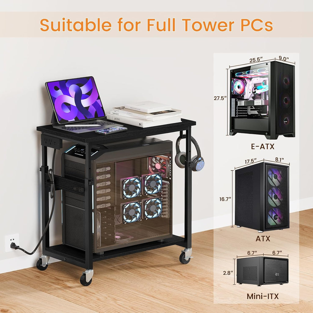 Snughome Oversized Computer Tower Stand with Extended Top & Charging Station, 25.2''-36.2'' Height-Adjustable PC Tower Stand, Rolling CPU Cart with Lockable Wheels for Office Home Gaming - Image 5
