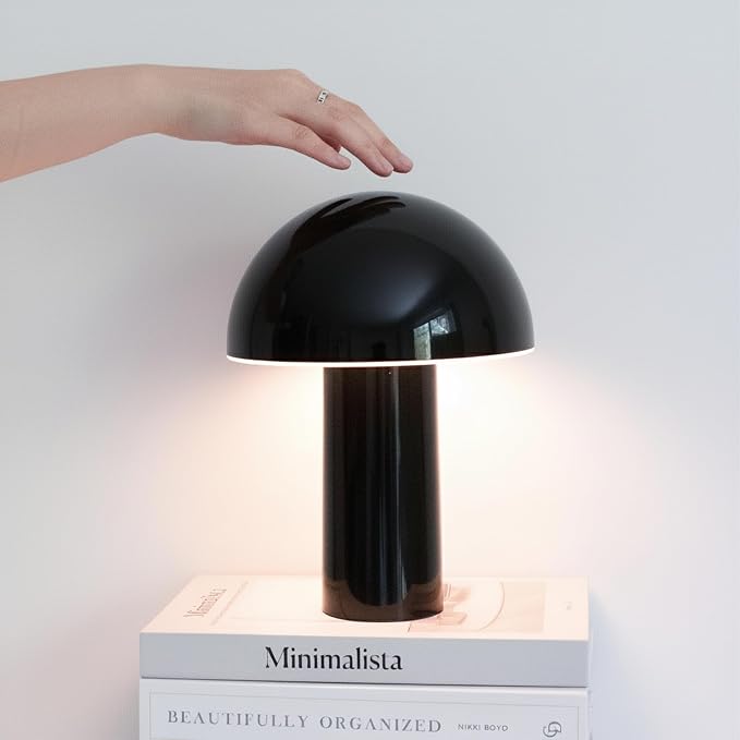 Brightech Celia Small Lamp – 10" Touch-Controlled Mushroom Table Lamp, Cordless & Dimmable LED, Portable Rechargeable Bedside Night Light, Sustainable Recycled Modern Patio Lamp for Home Décor – Black by Brightech