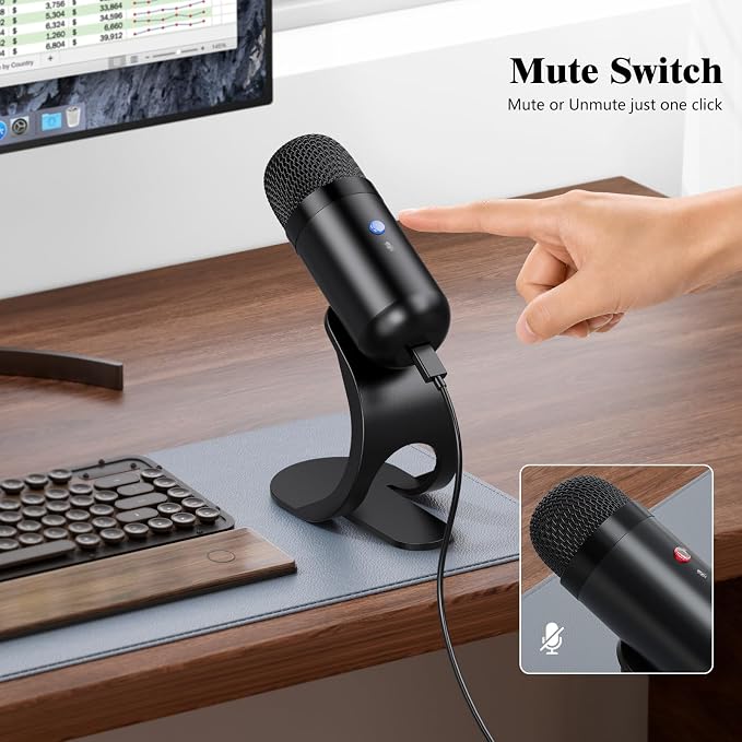 USB Computer Microphone, Podcast Mic Desktop with Mute Button for Recording Streaming, Omnidirectional Condenser, Plug&Play Stand with Volume Control for PC, Laptop, Mac, YouTube - Image 3