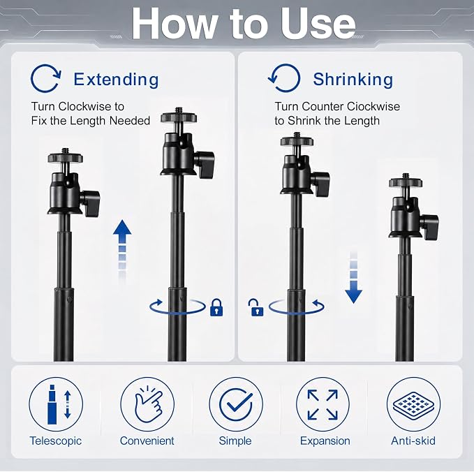Webcam Stand for Desk, 28" Telescopic Tripod with Phone Holder, Desktop Webcam Mount Compatible with Logitech Webcam C922 C930e C920S C920 C615 C960 C920x BRIO 4K NexiGo N60, 1/4'' Thread - Image 3