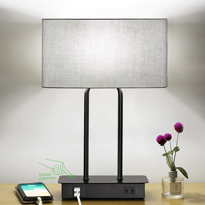 Bedside Touch Control Table Lamps, 3 Way Dimmable Nightstand Lamp | Dual USB Charging Ports 1 AC Outlet, Grey Fabric Shade, Desk Lamp for Bedroom Living Room with 5000K LED Bulb by Lakumu