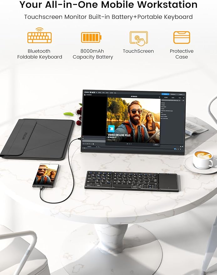 UPERFECT 15.6'' 1080P Touchscreen Portable Monitor with Battery 8000mAh | 125% sRGB Travel Monitor with Bluetooth Keyboard, Kickstand, Bag, VESA, Ultra-Slim External Screen for Laptop, PC, Phone - Image 2