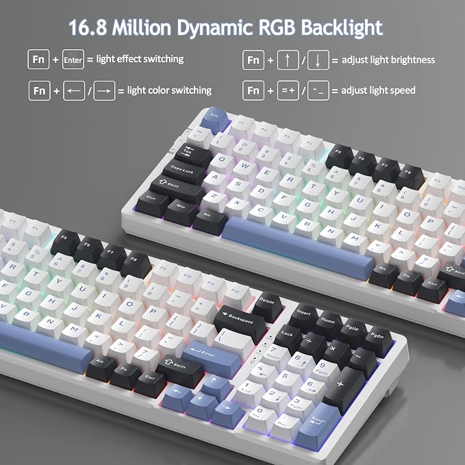 MageGee LIGHT100 Wireless Creamy Keyboard, Gasket Structure Hot Swappable, Tri-Mode 2.4G/USB-C/BT5.0 RGB Backlit Mechanical Gaming Keyboard for Win/Mac/PC, PBT Keycap, 4000mAh Battery, Blue - Image 5