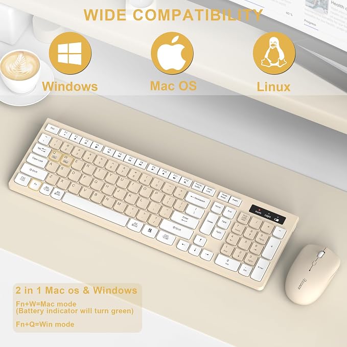 Wireless Keyboard and Mouse Combo Silent for Office and Home(Latte Color) | 2.4G Full Size Silent Cordless Keyboard with Tilt Legs,3-Level DPI Quiet Mouse,for Windows/Mac OS/Desktop/Laptop/PC - Image 4