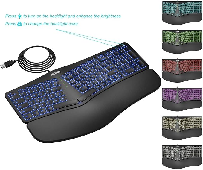 Arteck Split Ergonomic Keyboard with Palm Rest, USB Wired Backlit Keyboard - Image 6