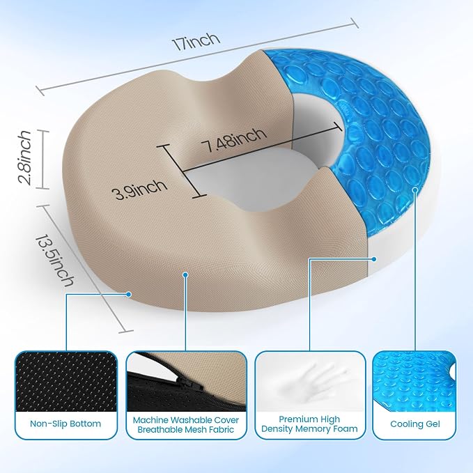Donut Pillow Seat Cushion, Cooling Gel Memory Foam Chair Cushion, Khaki | Office, Home & Car Seat Cushion, Butt Pillow for Tailbone Pain Relief, Hemorrhoids and Everyday Sitting Comfort - Image 2