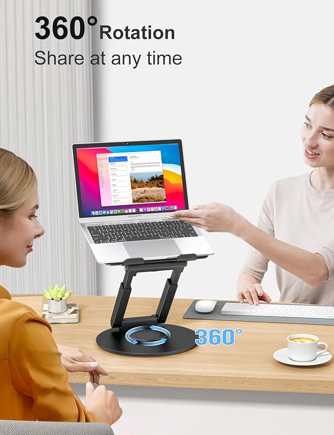 tounee Telescopic Laptop Stand for Desk with 360° Swivel Base, Sit to Stand, Height Adjustable, Portable Riser Holder for Good Posture, Compatible with MacBook Pro, All Laptops 10-17" - Black - Image 2