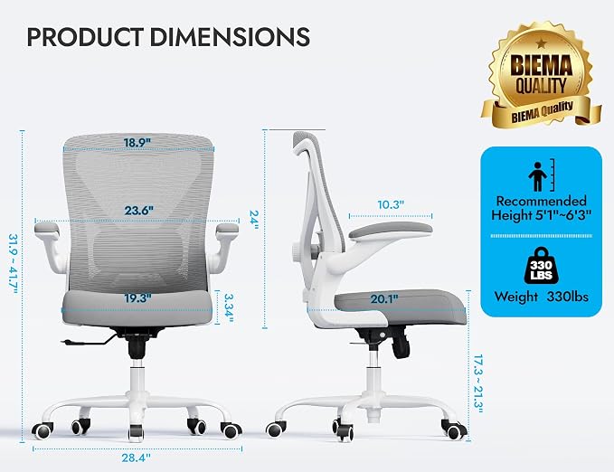 Office Chair: 330LBS Mesh Ergonomic Desk Chair Comfy with 3D Lumbar& Swivel | Ergalithic Computer Chair-Executive Task Work Chairs with Flip-up Arm Home Office Desk Chairs Gaming Chair for Adults(White) - Image 2